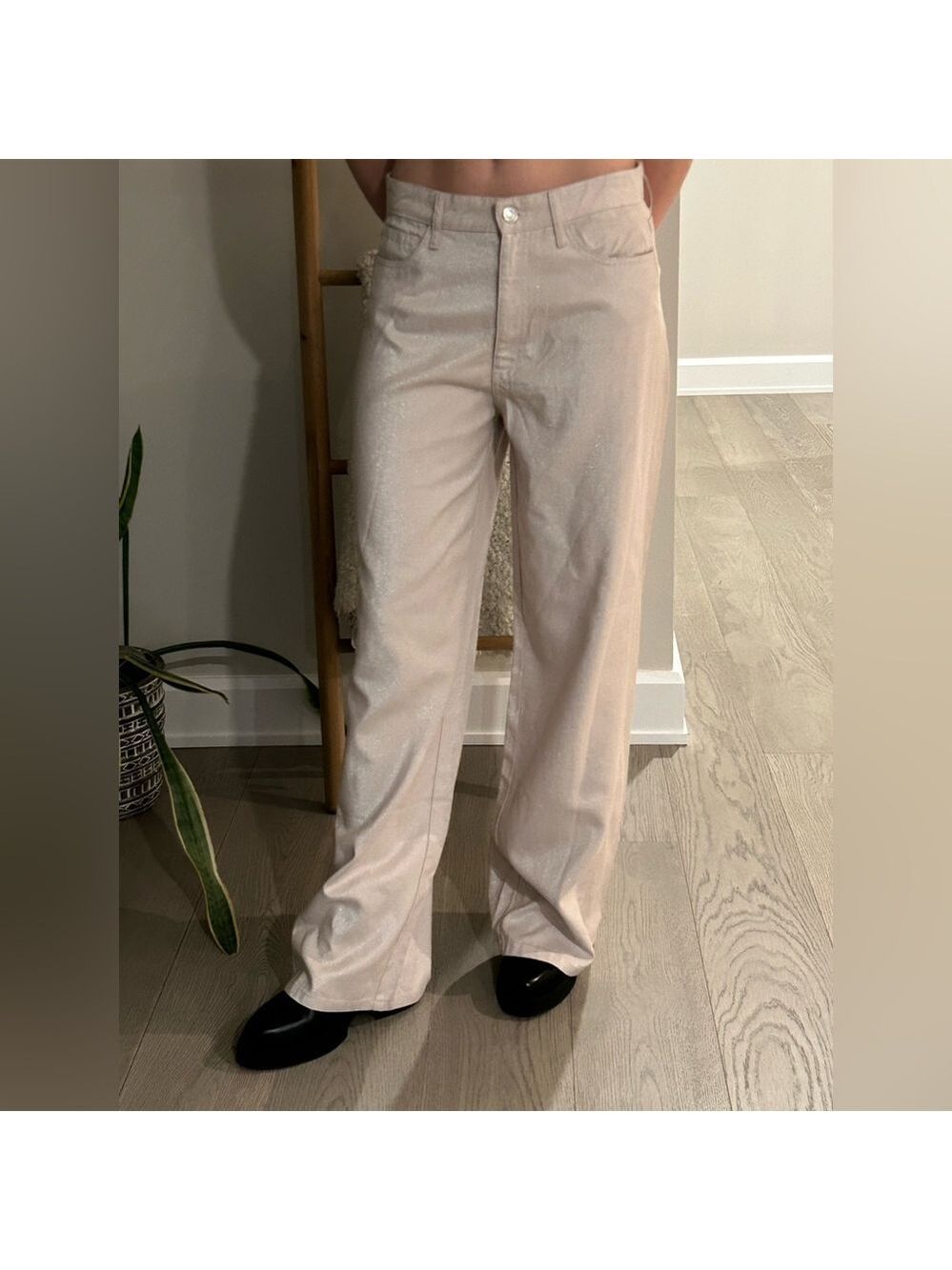 Zara Beige Gold Shimmer Lyocell Wide Leg Long Pants Jeans Trousers Size 6